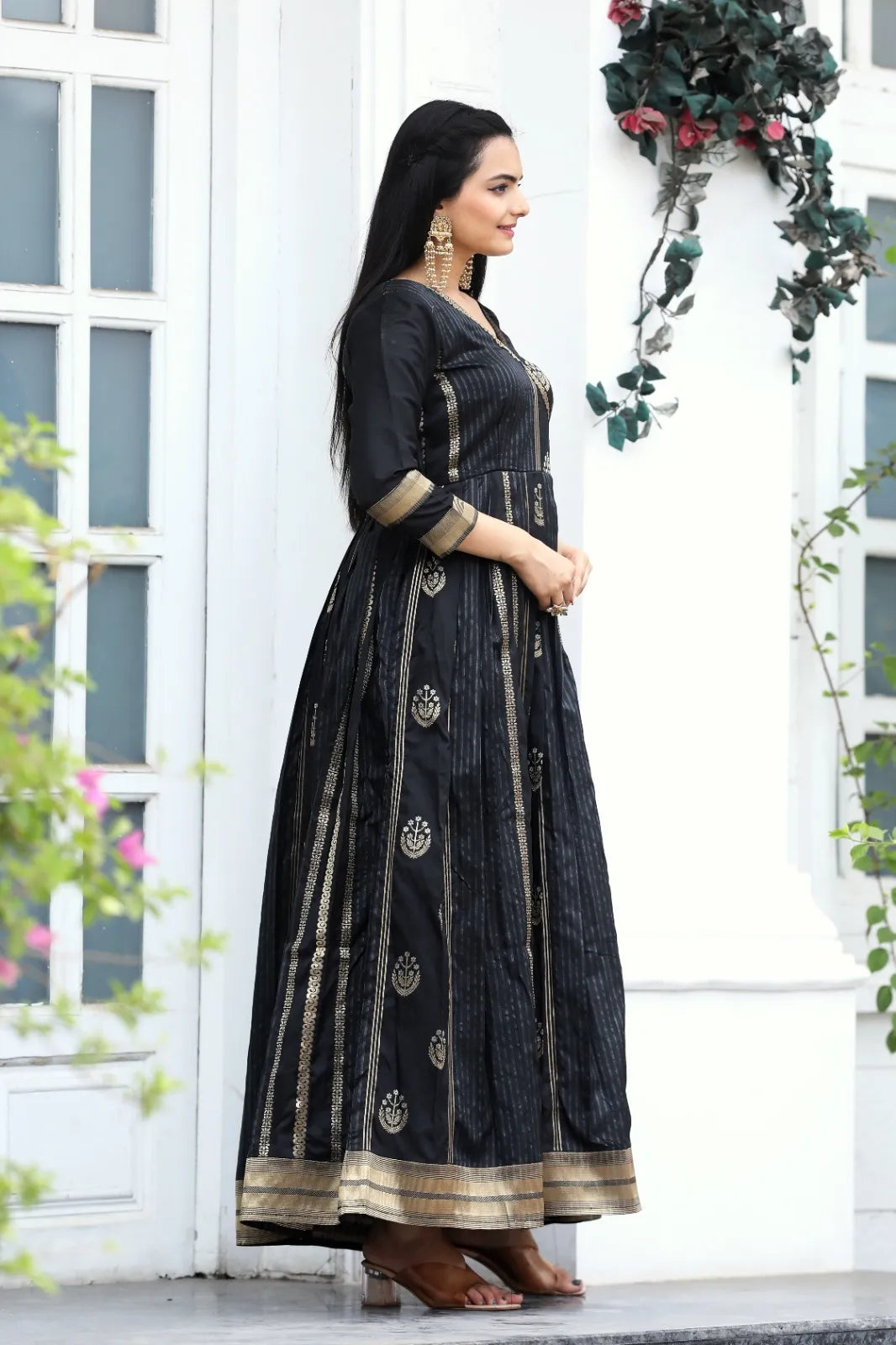 Classic Black Zari Striped Ethnic Anarkali Gown