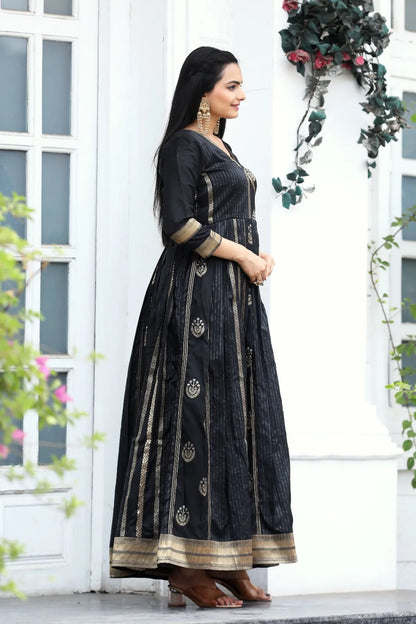 Classic Black Zari Striped Ethnic Anarkali Gown