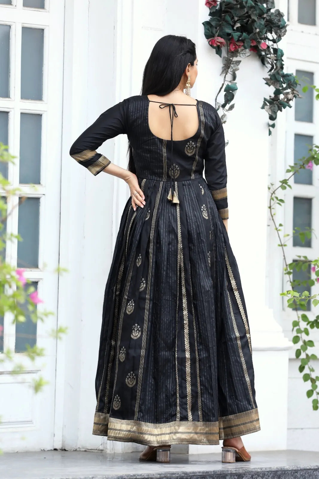 Classic Black Zari Striped Ethnic Anarkali Gown