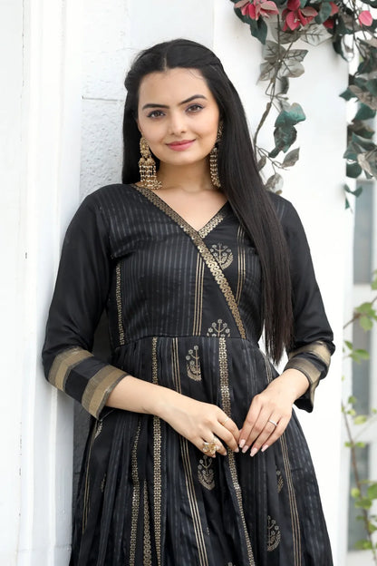 Classic Black Zari Striped Ethnic Anarkali Gown