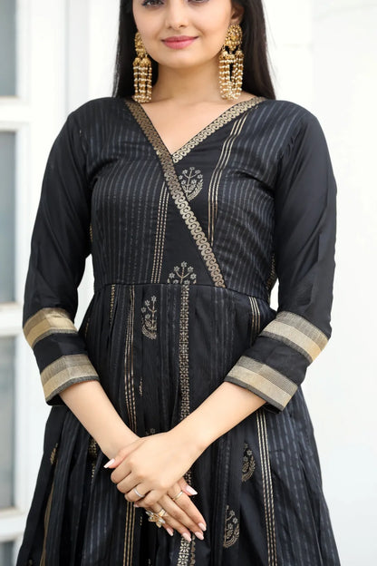 Classic Black Zari Striped Ethnic Anarkali Gown