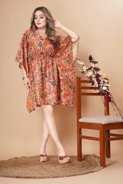 Peach Floral Printed Kalamkari Kaftan Dress