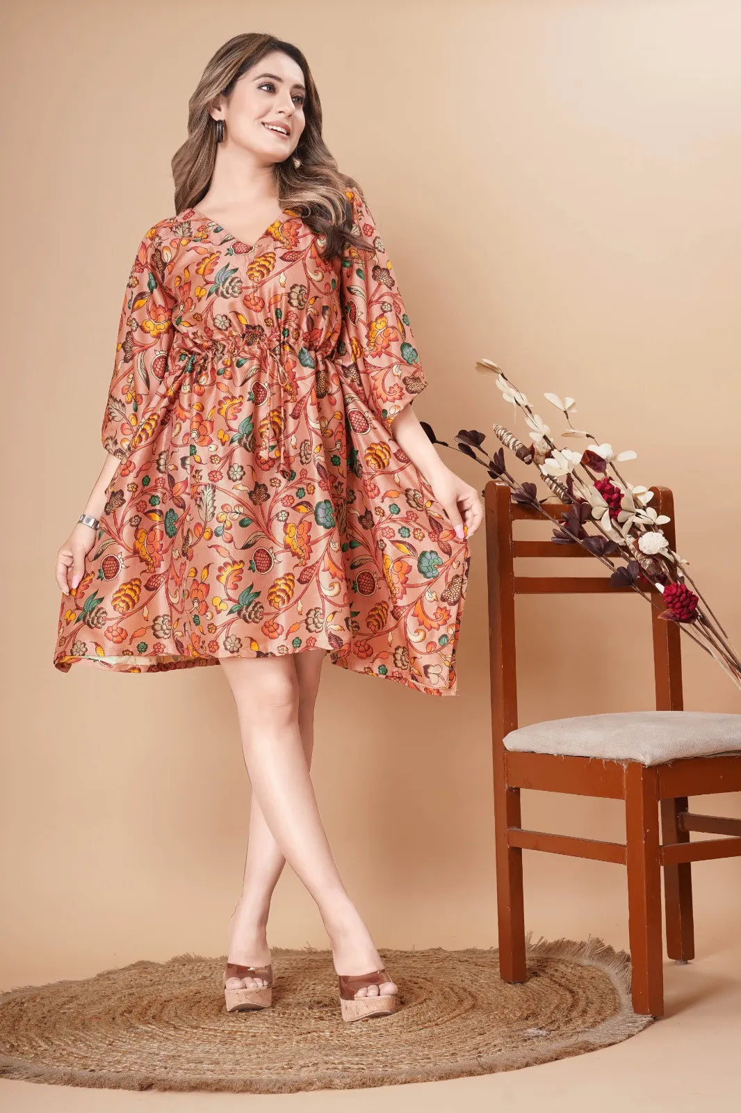 Peach Floral Printed Kalamkari Kaftan Dress