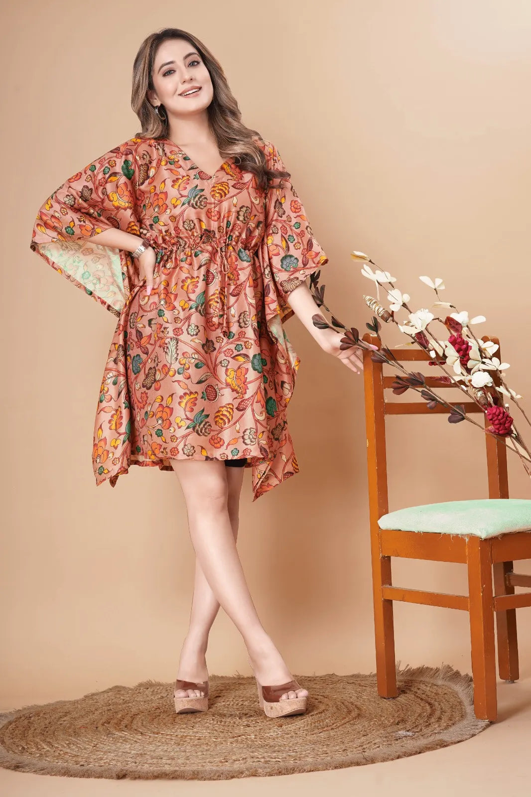 Peach Floral Printed Kalamkari Kaftan Dress