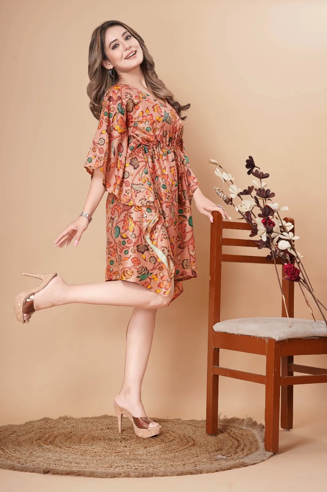 Peach Floral Printed Kalamkari Kaftan Dress