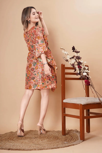 Peach Floral Printed Kalamkari Kaftan Dress