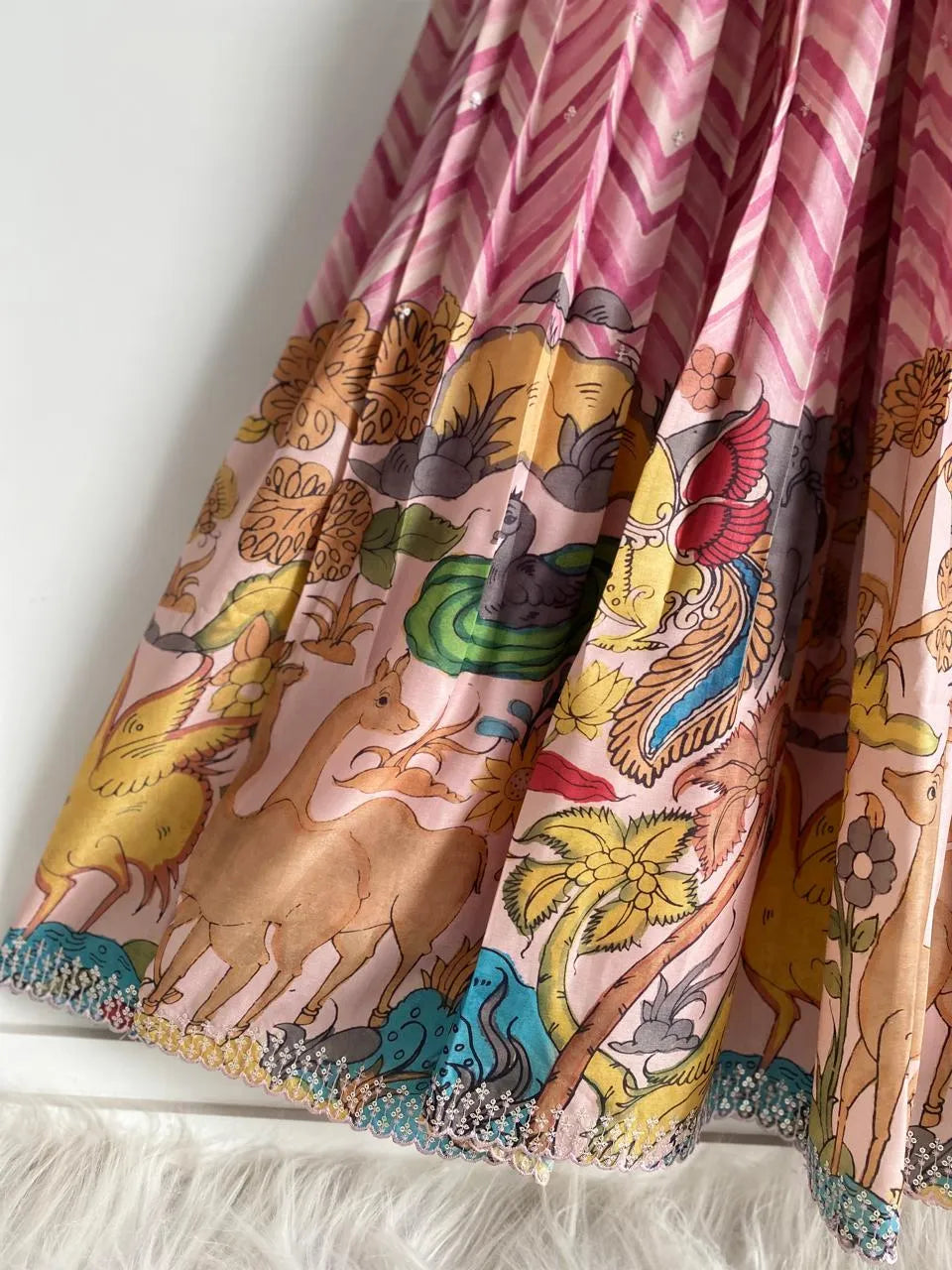 Chevron Print Anarkali Handcrafted Folk Border Gown - Pink