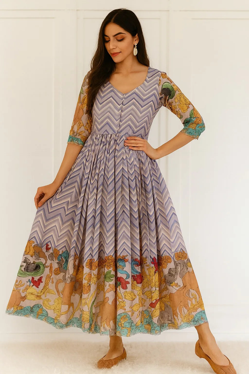 Chevron Print Anarkali Handcrafted Folk Border Gown - Lavender