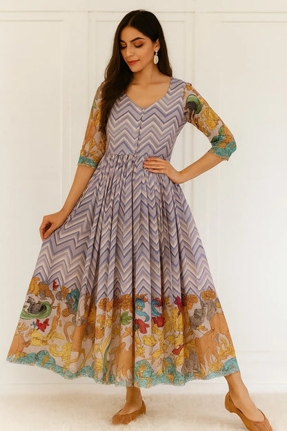 Chevron Print Anarkali Handcrafted Folk Border Gown - Lavender