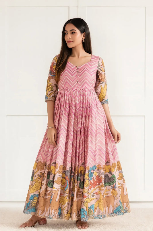 Chevron Print Anarkali Handcrafted Folk Border Gown - Pink