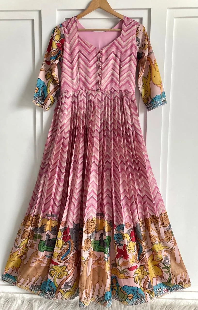 Chevron Print Anarkali Handcrafted Folk Border Gown - Pink