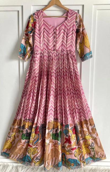 Chevron Print Anarkali Handcrafted Folk Border Gown - Pink