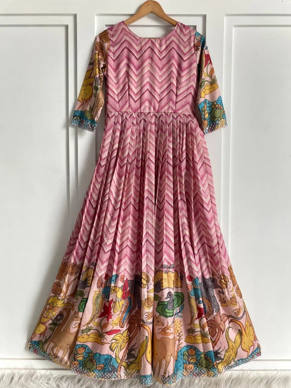 Chevron Print Anarkali Handcrafted Folk Border Gown - Pink
