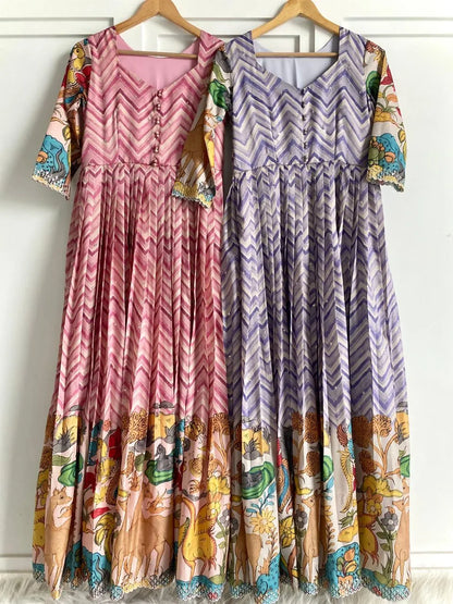 Chevron Print Anarkali Handcrafted Folk Border Gown - Pink