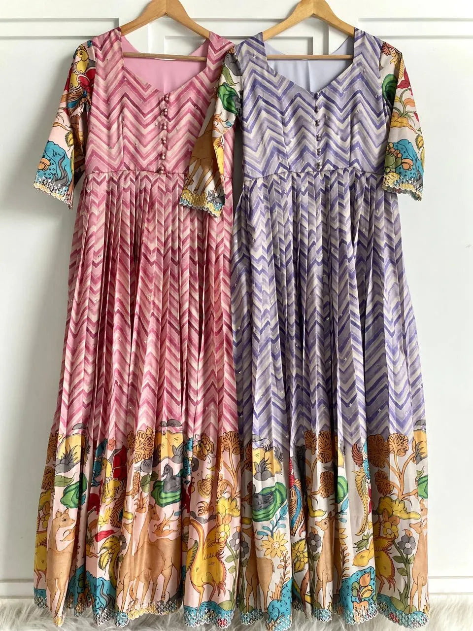 Chevron Print Anarkali Handcrafted Folk Border Gown - Lavender