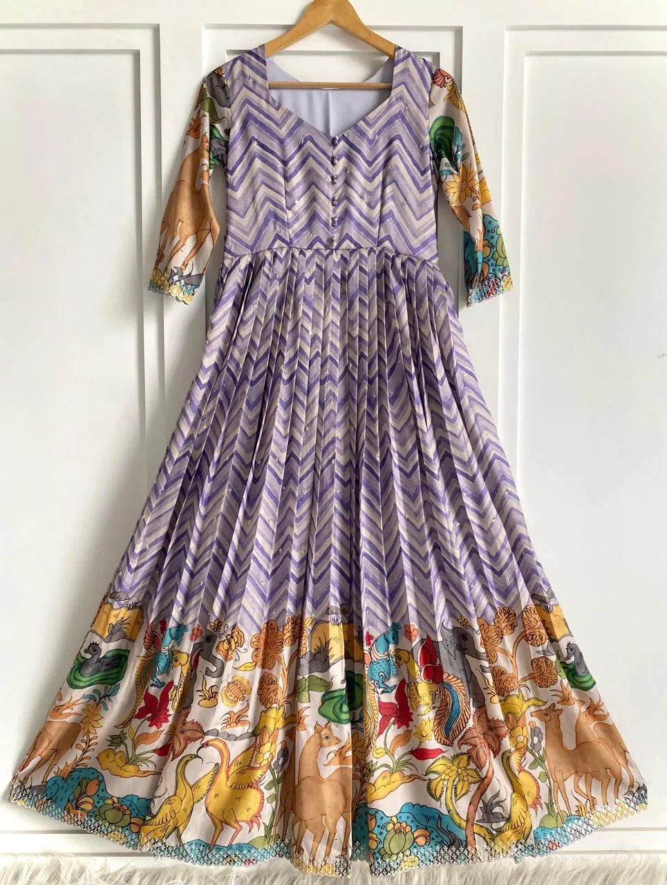 Chevron Print Anarkali Handcrafted Folk Border Gown - Lavender