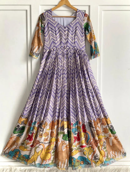 Chevron Print Anarkali Handcrafted Folk Border Gown - Lavender