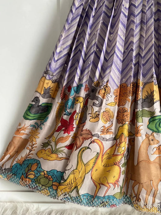 Chevron Print Anarkali Handcrafted Folk Border Gown - Lavender