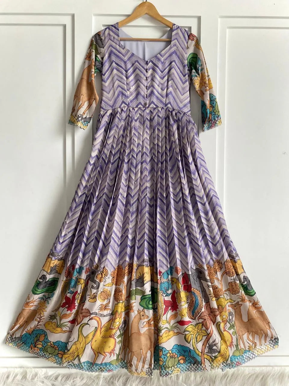 Chevron Print Anarkali Handcrafted Folk Border Gown - Lavender