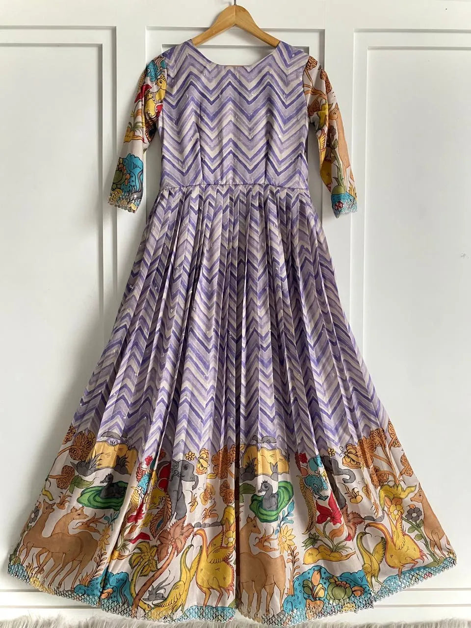 Chevron Print Anarkali Handcrafted Folk Border Gown - Lavender