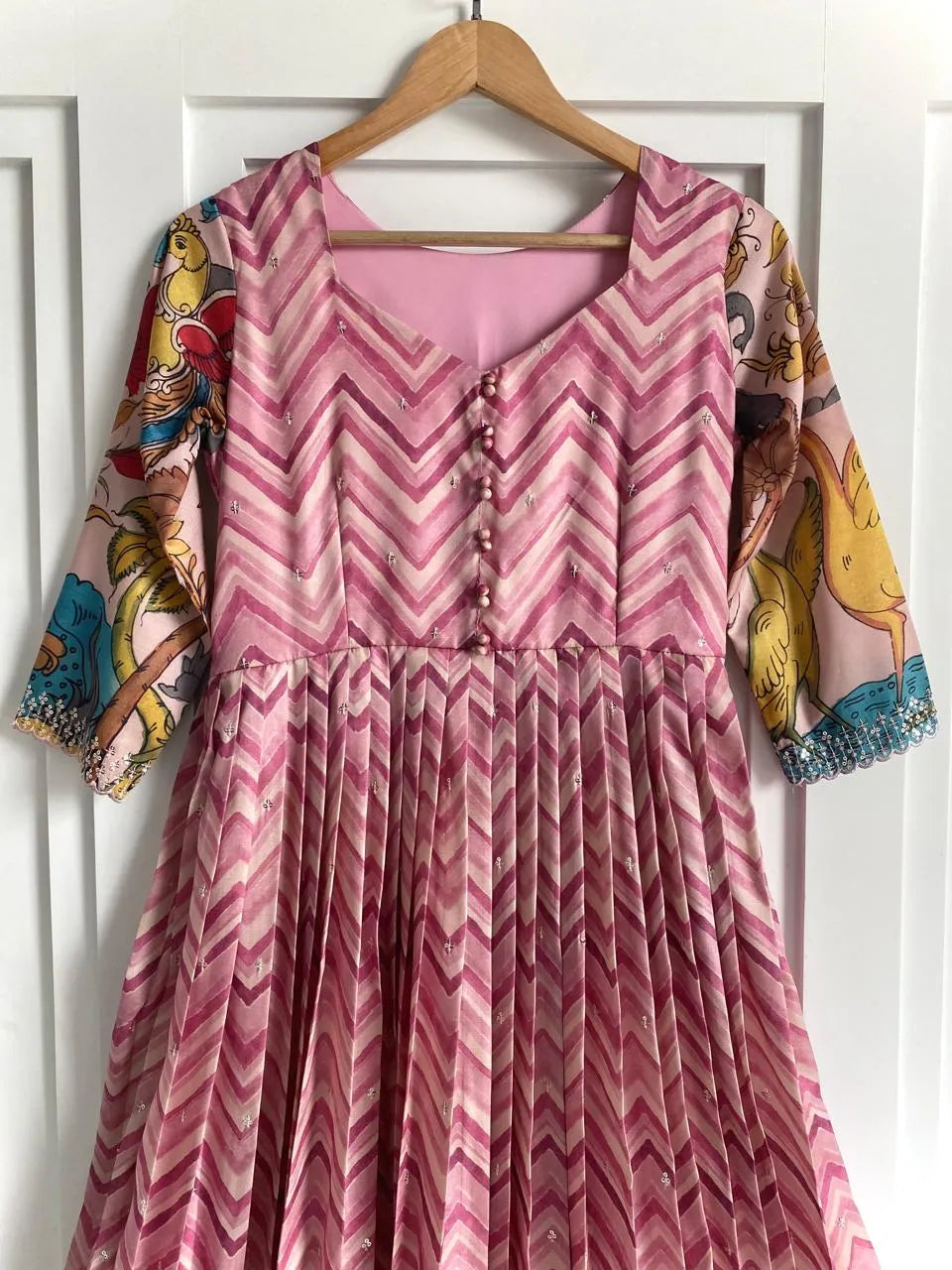 Chevron Print Anarkali Handcrafted Folk Border Gown - Pink