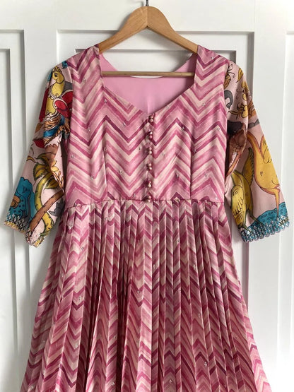 Chevron Print Anarkali Handcrafted Folk Border Gown - Pink