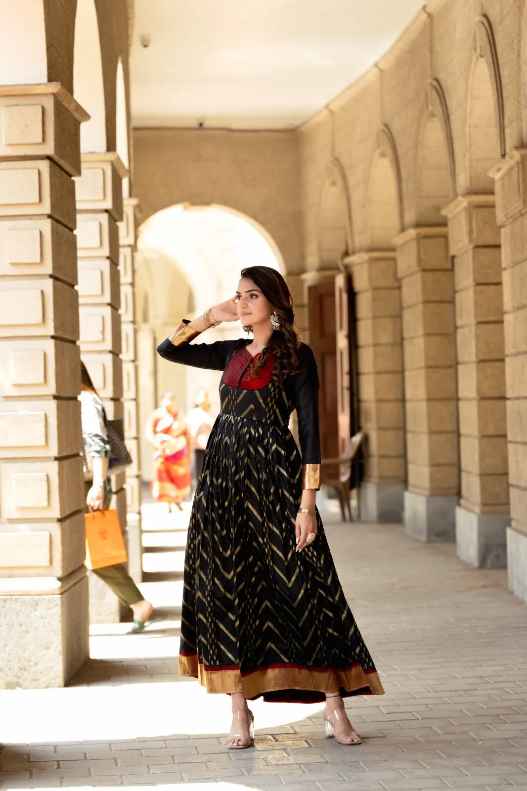 Black Anarkali Gown with Maroon Yoke