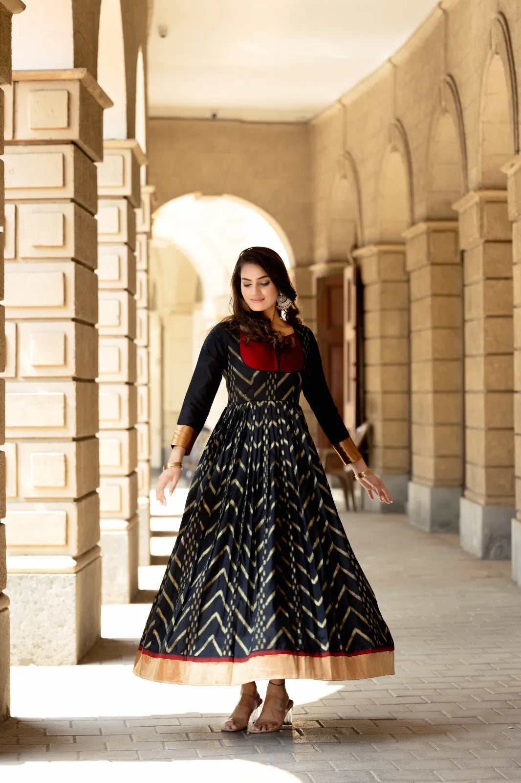 Black Anarkali Gown with Maroon Yoke