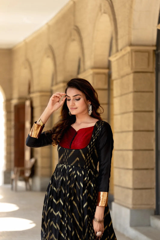 Black Anarkali Gown with Maroon Yoke