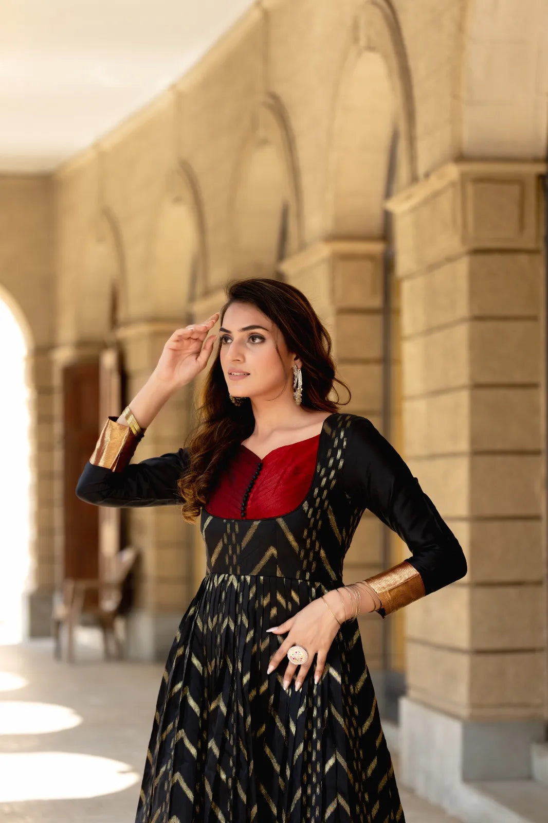 Black Anarkali Gown with Maroon Yoke