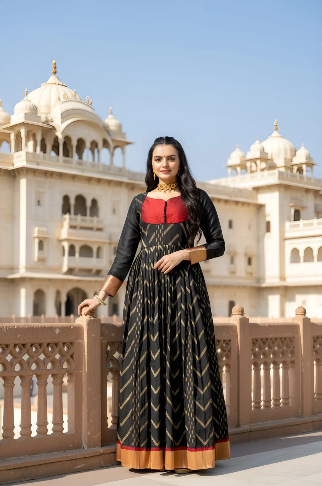 Black Anarkali Gown with Maroon Yoke