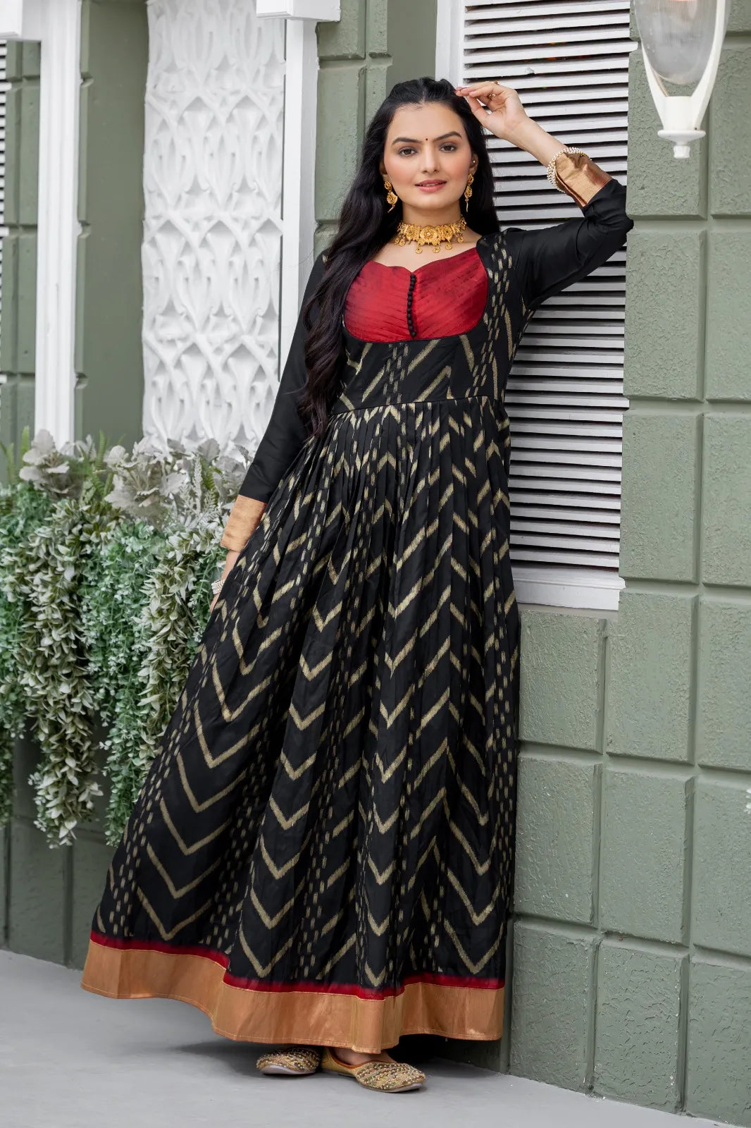 Black Anarkali Gown with Maroon Yoke
