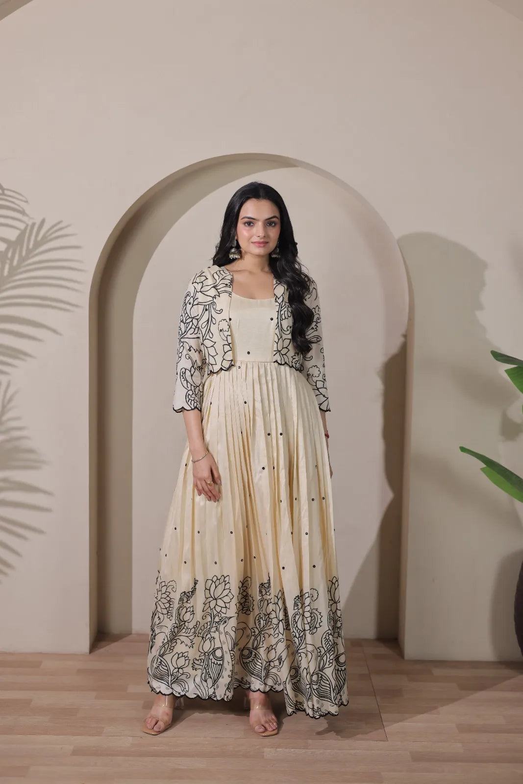 Ivory Floral Print Anarkali Gown with Jacket Style Overlay
