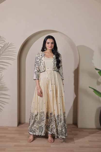 Ivory Floral Print Anarkali Gown with Jacket Style Overlay