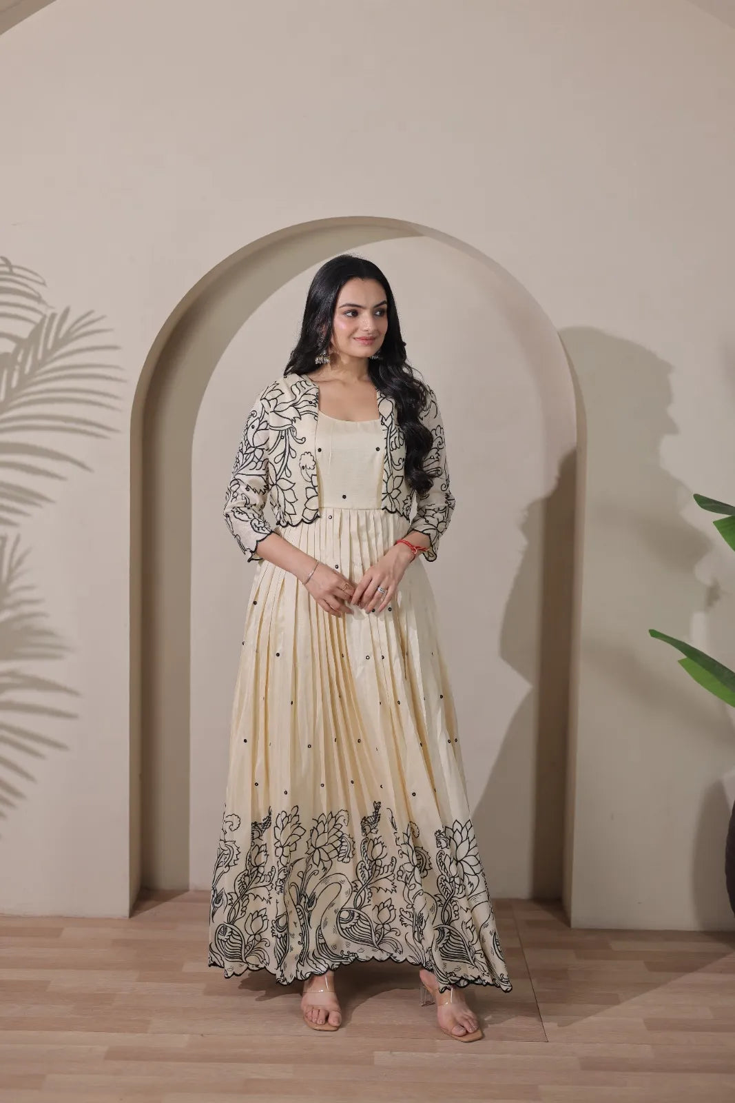 Ivory Floral Print Anarkali Gown with Jacket Style Overlay