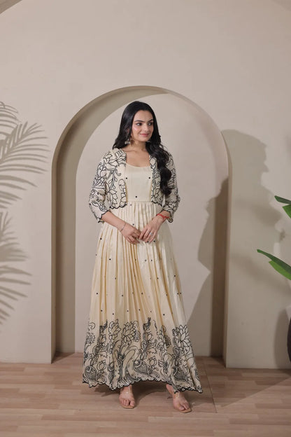 Ivory Floral Print Anarkali Gown with Jacket Style Overlay