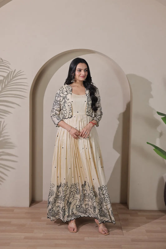 Ivory Floral Print Anarkali Gown with Jacket Style Overlay