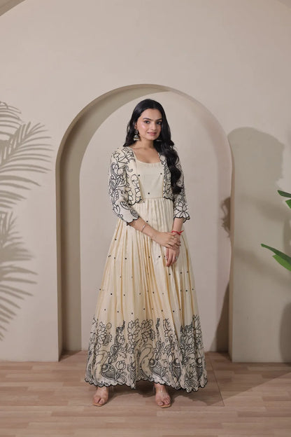 Ivory Floral Print Anarkali Gown with Jacket Style Overlay