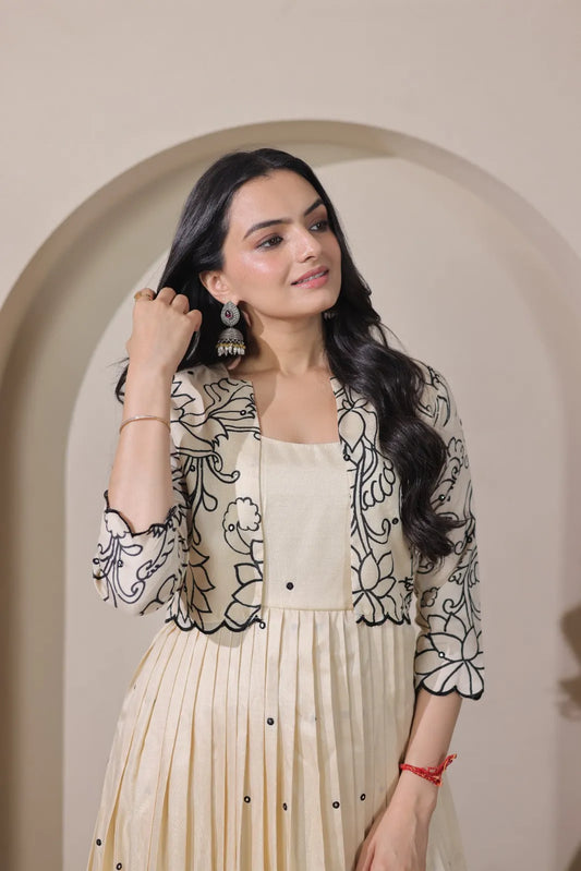 Ivory Floral Print Anarkali Gown with Jacket Style Overlay