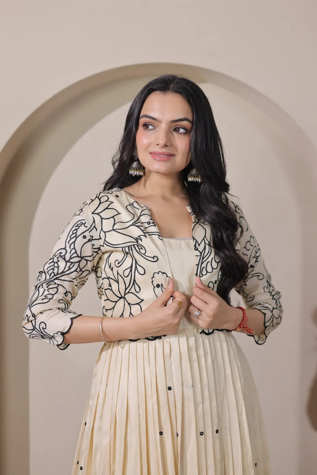 Ivory Floral Print Anarkali Gown with Jacket Style Overlay