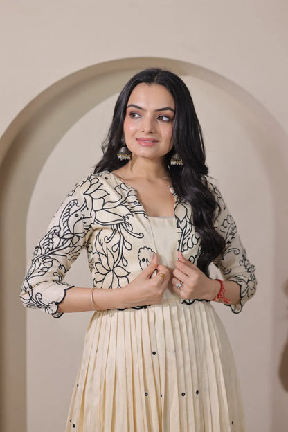 Ivory Floral Print Anarkali Gown with Jacket Style Overlay