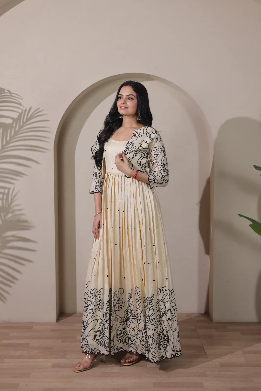 Ivory Floral Print Anarkali Gown with Jacket Style Overlay