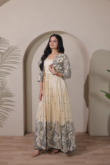 Ivory Floral Print Anarkali Gown with Jacket Style Overlay