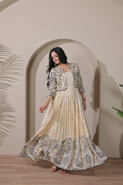 Ivory Floral Print Anarkali Gown with Jacket Style Overlay