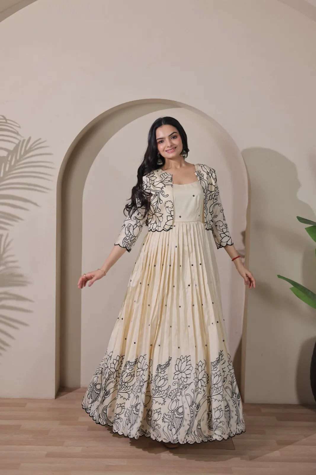 Ivory Floral Print Anarkali Gown with Jacket Style Overlay