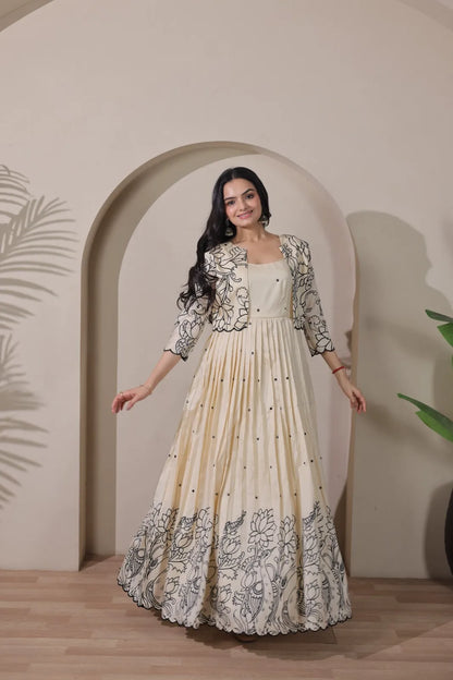 Ivory Floral Print Anarkali Gown with Jacket Style Overlay