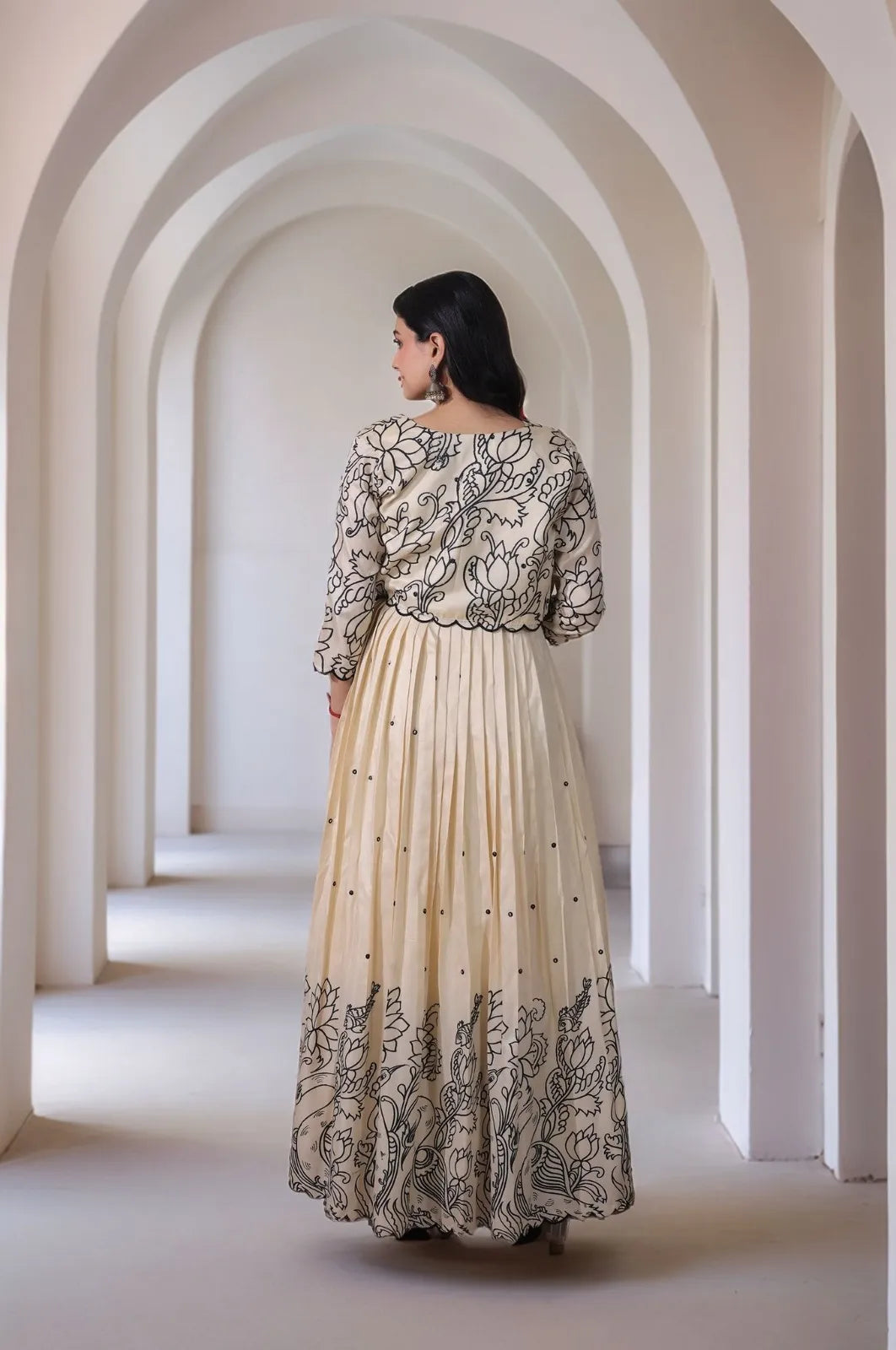 Ivory Floral Print Anarkali Gown with Jacket Style Overlay