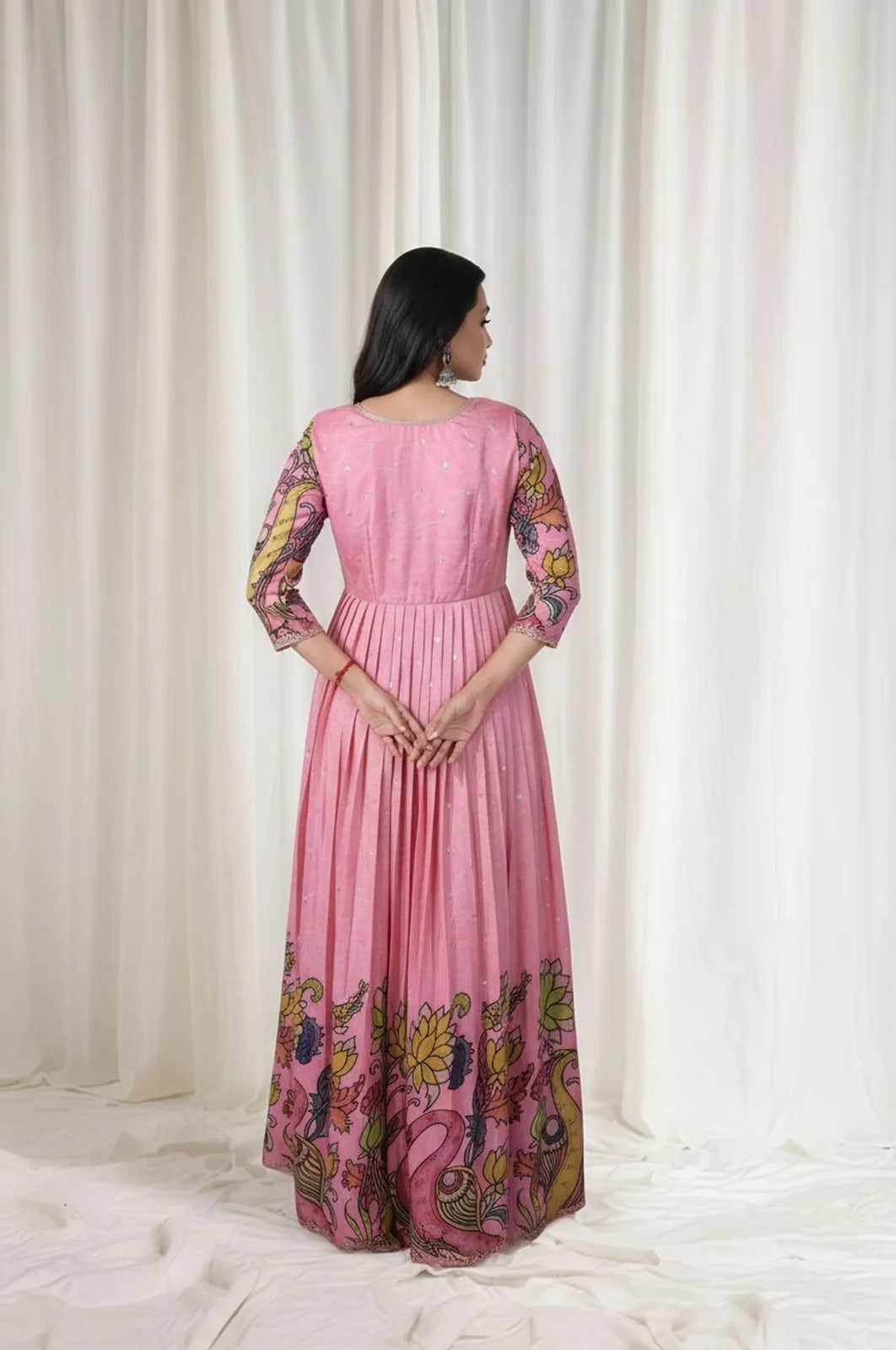 Kalamkari Print Handcrafted Folk Art Border Gown- Pink