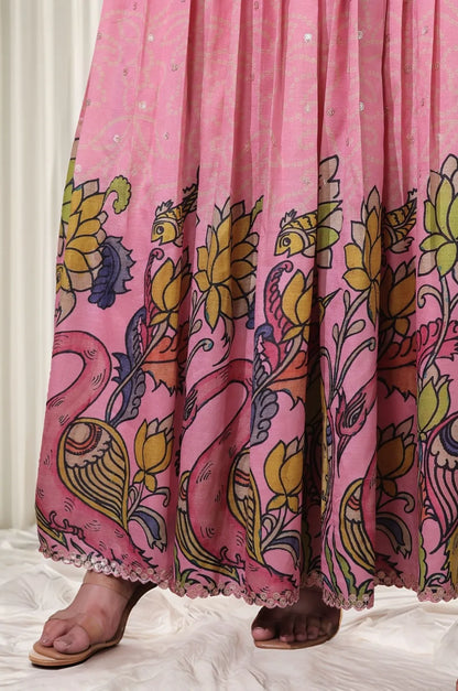 Kalamkari Print Handcrafted Folk Art Border Gown- Pink