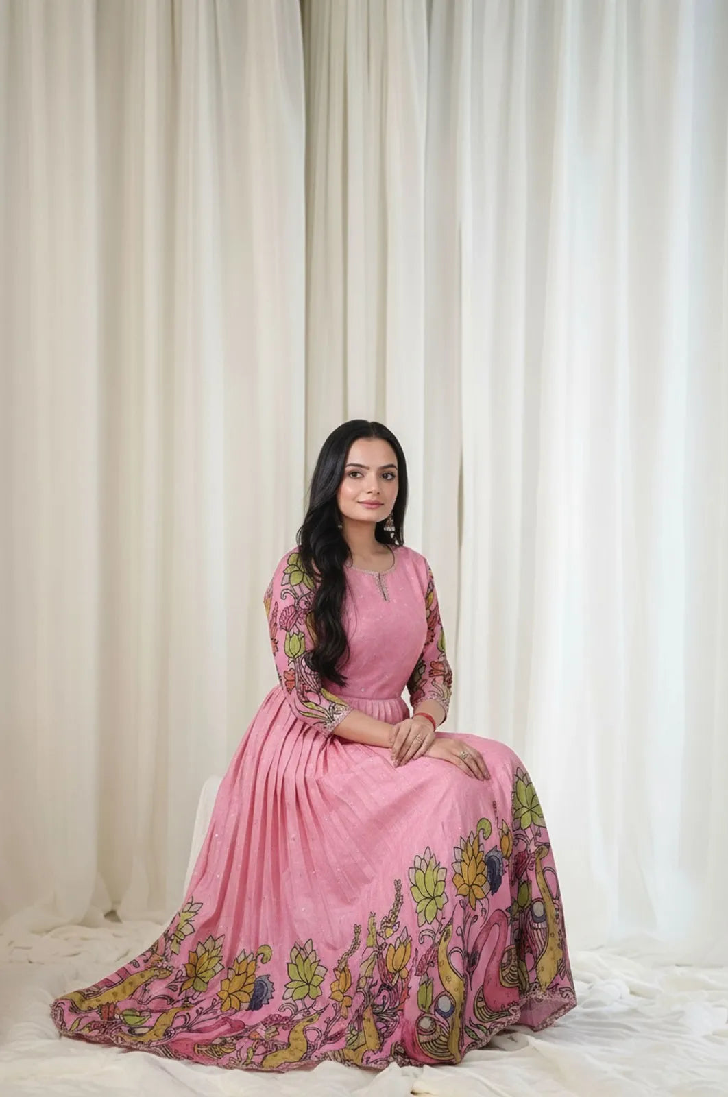 Kalamkari Print Handcrafted Folk Art Border Gown- Pink